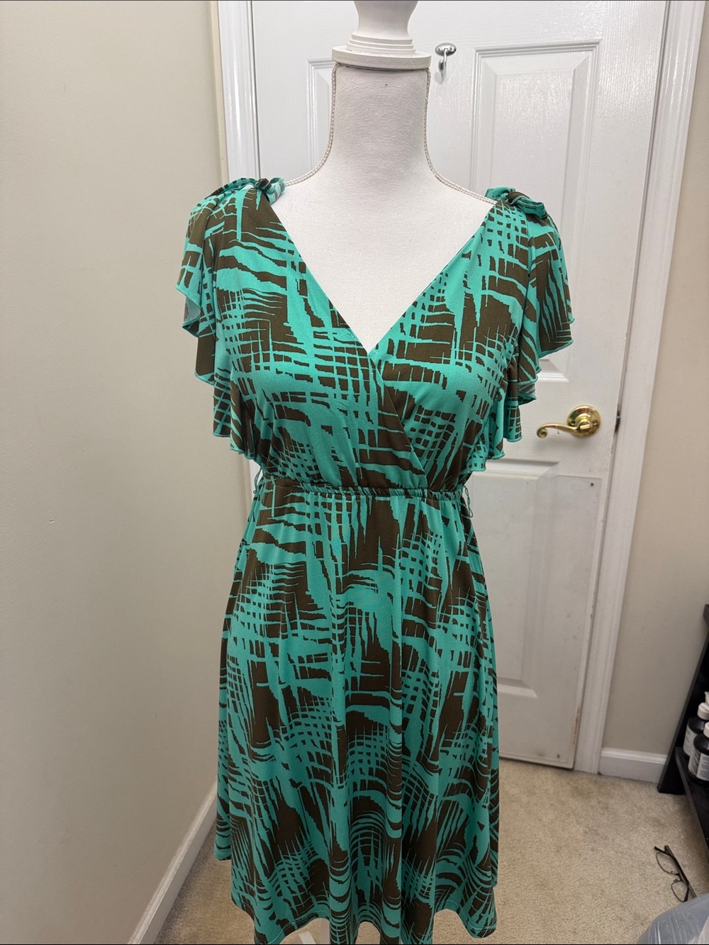 Teal and Brown Printed V-Neck Women’s Dress